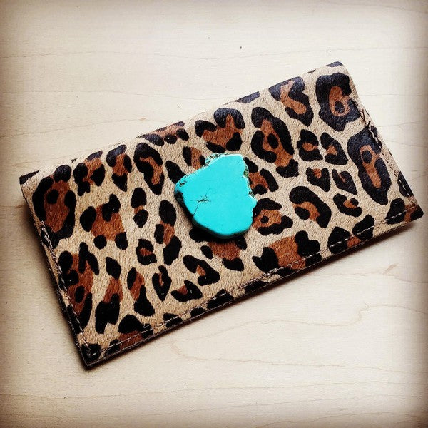 Hair hide Leather Wallet-Leopard w/ Turquoise Slab