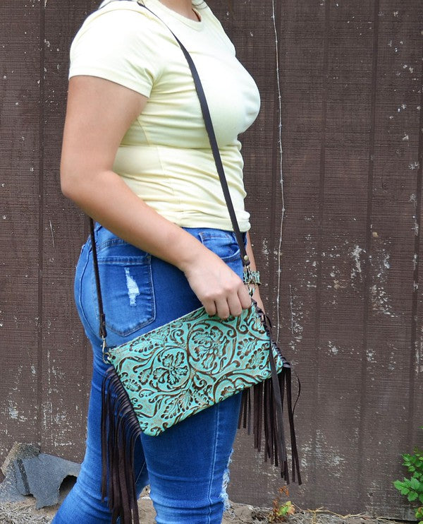 Embossed Cowboy Turquoise Leather Clutch