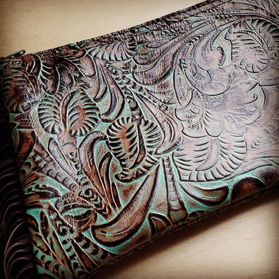 Embossed Turquoise Brown Floral Leather Clutch