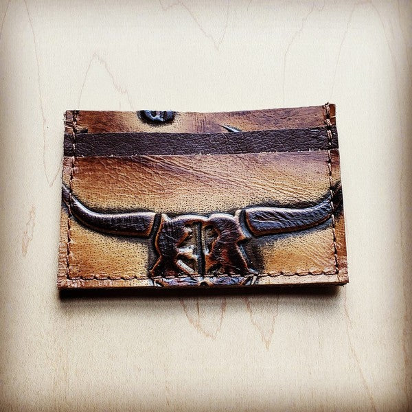 Embossed Leather Credit Card Holder-Brown Steer