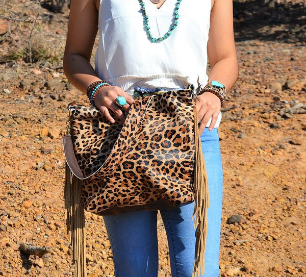 Tejas Leather Bucket Leopard bag with Tan Fringe
