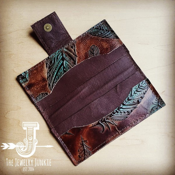 Turquoise Feather Embossed Leather Wallet w/ Snap