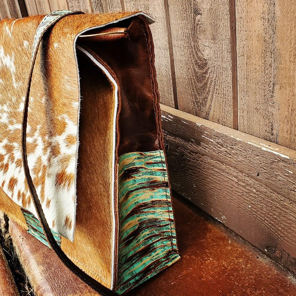 Large Hair on Hide bag w/ Turq Chateau with flap