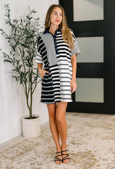 Everlasting Love Striped Collared Dress in Black and Navy