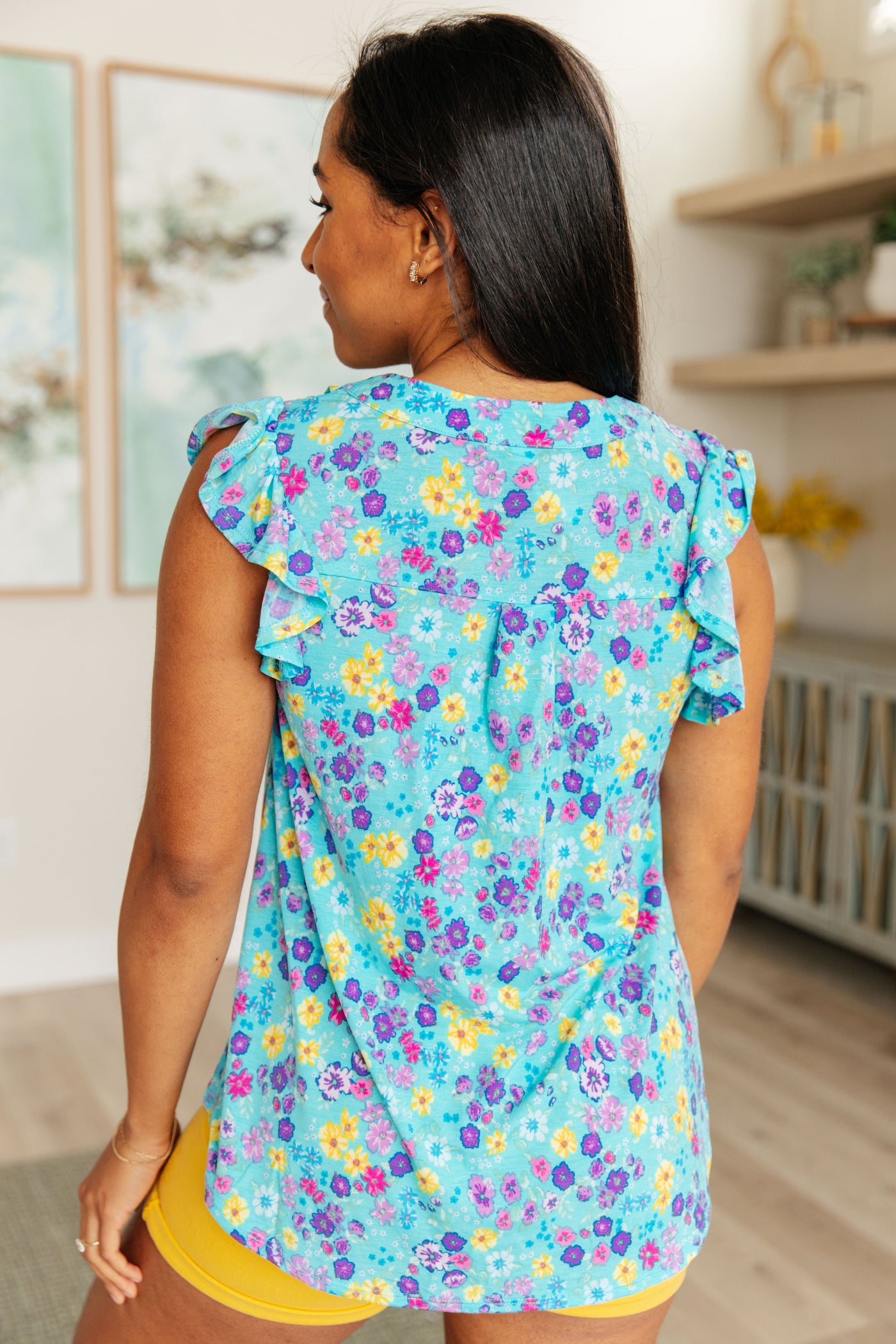 Lizzy Flutter Sleeve Top in Teal and Purple Floral