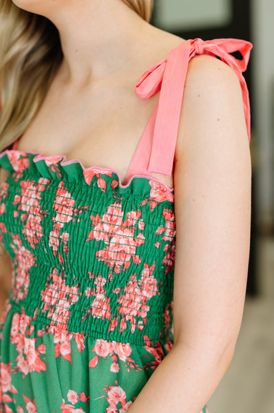 Low Effort, High Impact Tiered Dress in Green/Coral