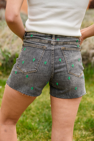 Hi-Waisted Cactus Embroidery Cutoffs