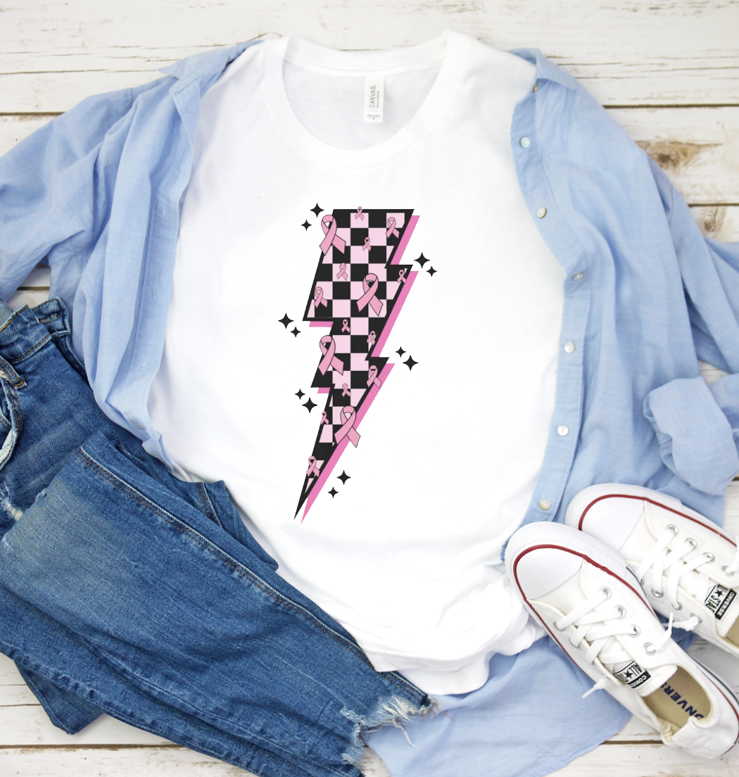Checkered Bolt With Breast Cancer Ribbons Tee