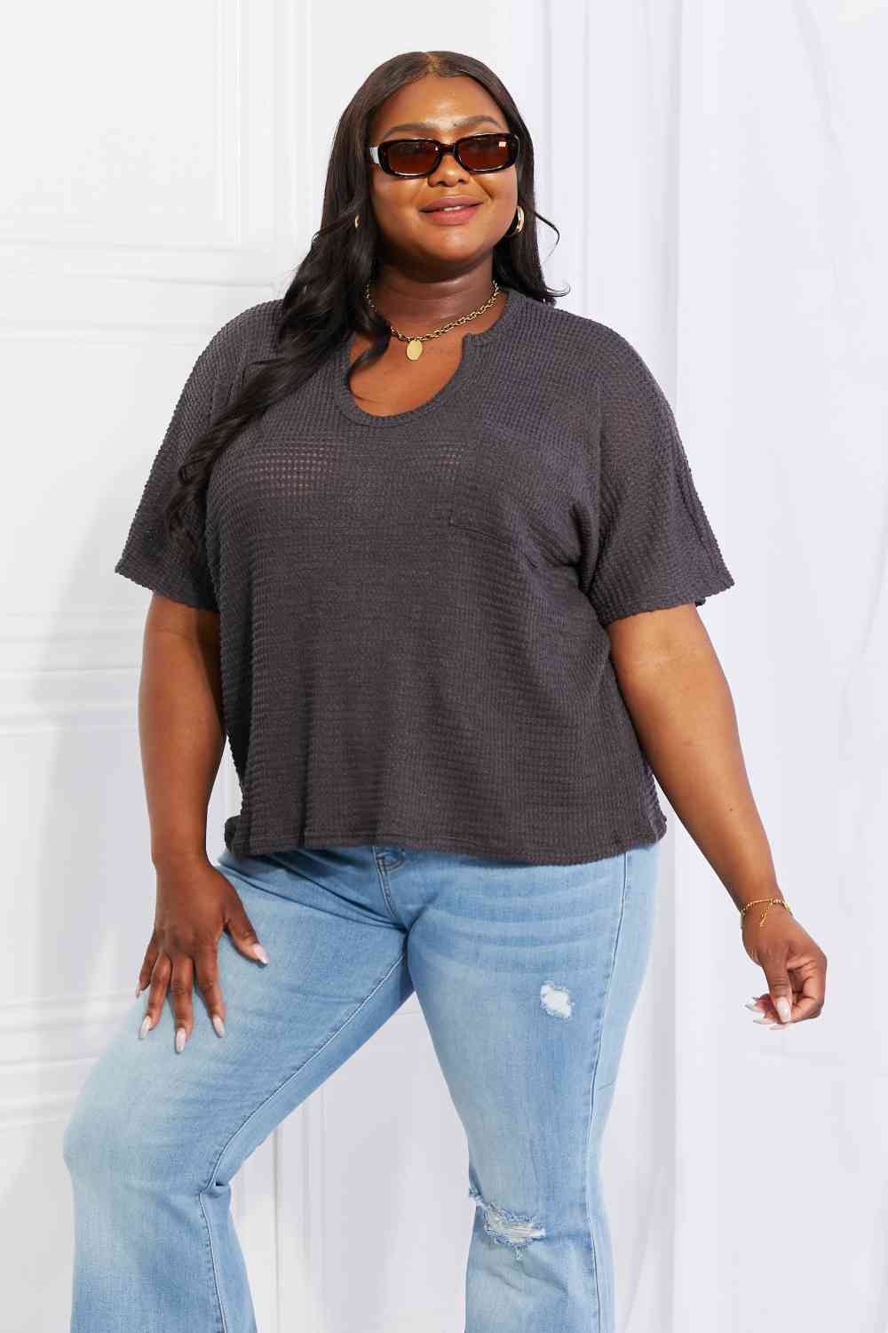 Zenana Full Size Spring It On Keyhole Jacquard Sweater in Gray