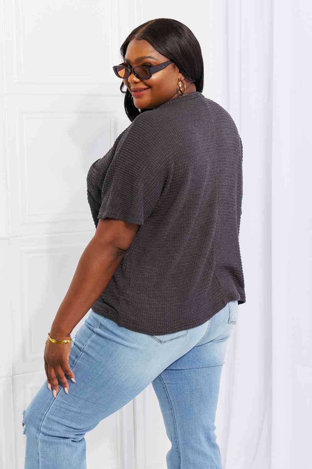 Zenana Full Size Spring It On Keyhole Jacquard Sweater in Gray