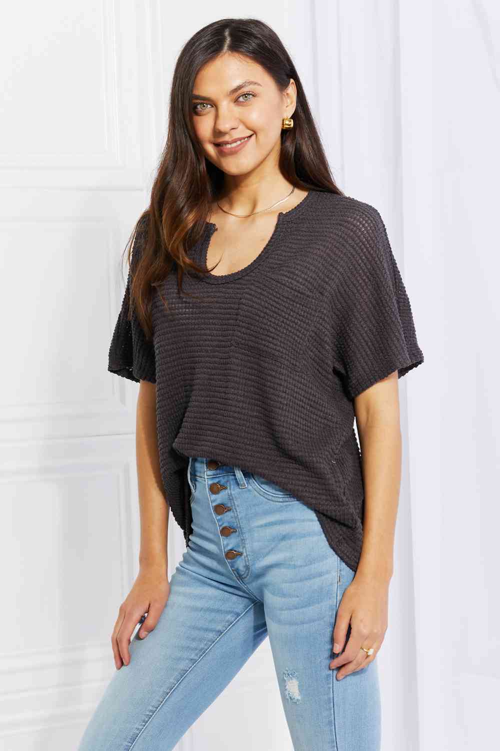 Zenana Full Size Spring It On Keyhole Jacquard Sweater in Gray